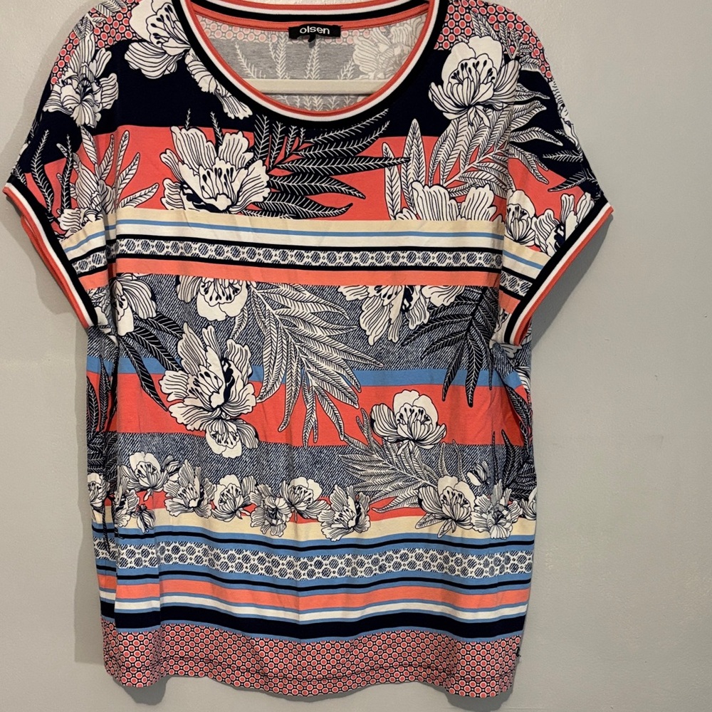 Floral Striped Blouse - Navy, Coral, White